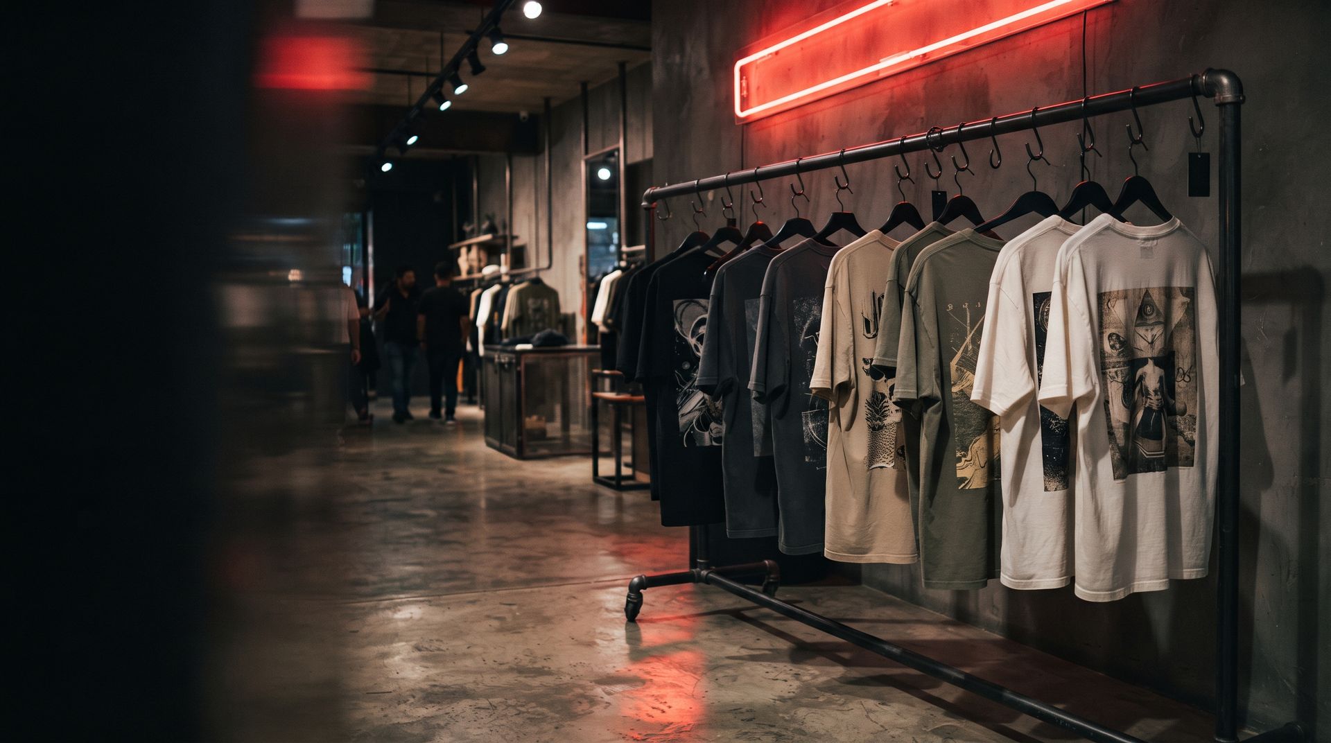 Perchero con playeras oversize de colores en una tienda con luz de neón roja